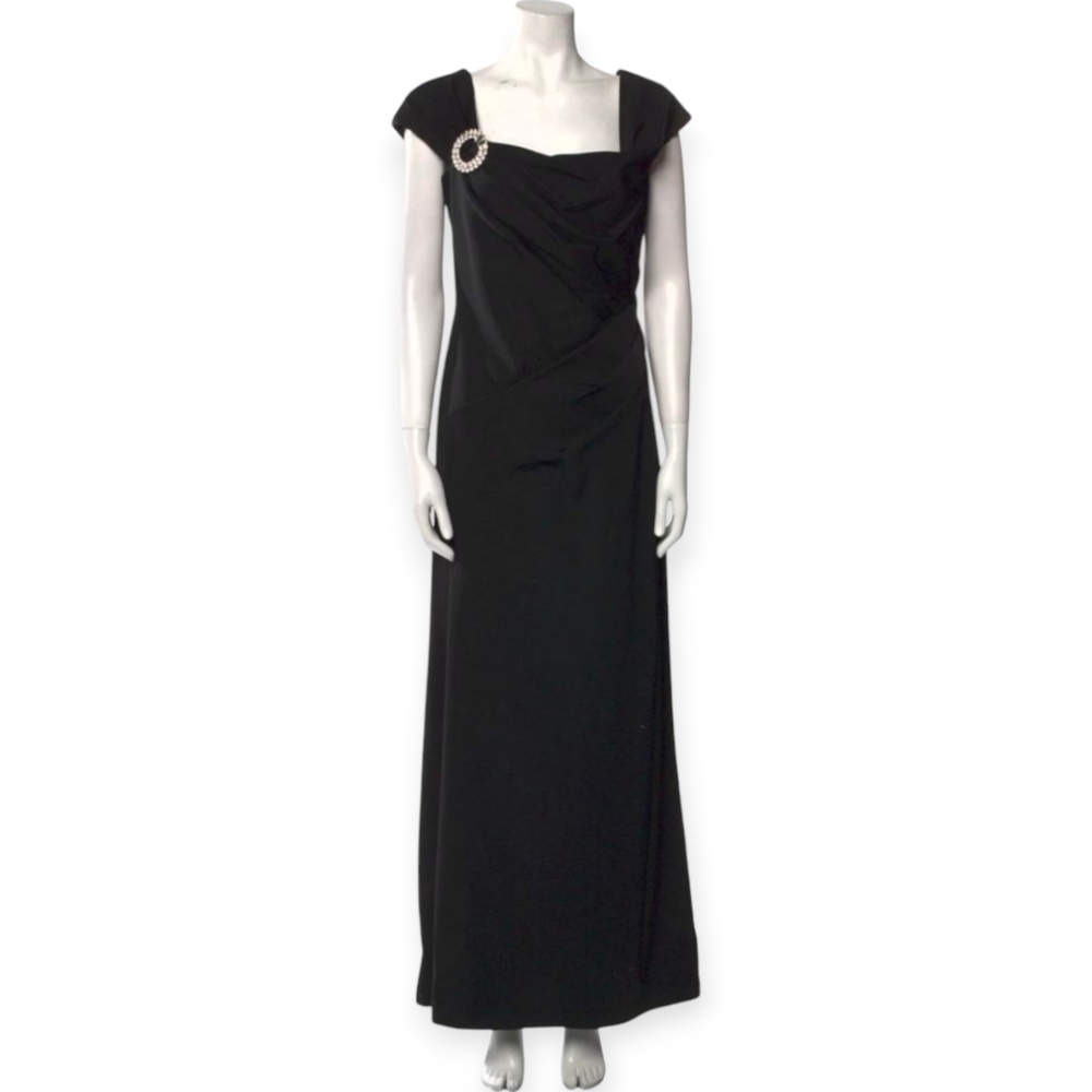 Tadashi Shoji Black Evening Gown Square Neckline Crystal Brooch MOTB MOTG Modest